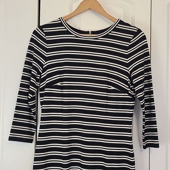 Ann Taylor Black White Striped Midi Length Dress Size S Career Office 3/4 Sleeve - Picture 3 of 13